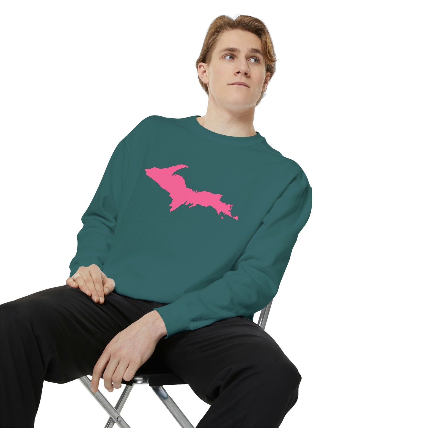 Michigan Upper Peninsula Sweatshirt (w/ Pink UP Outline) | Unisex Garment Dyed