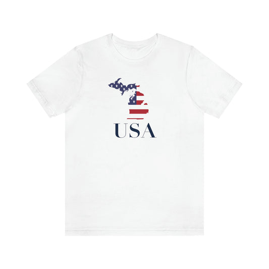 Michigan 'USA' T-Shirt (Didone Font w/ MI USA Flag Outline) | Unisex Standard Fit