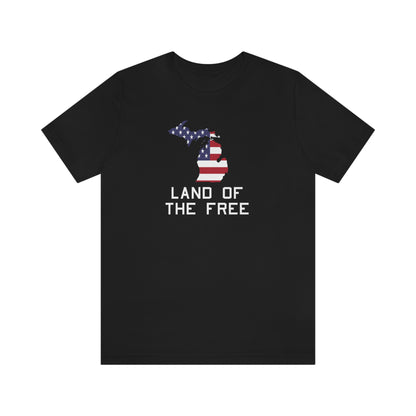 Michigan 'Land of the Free' T-Shirt (USN Stencil Font w/ MI USA Flag Outline) | Unisex Standard Fit