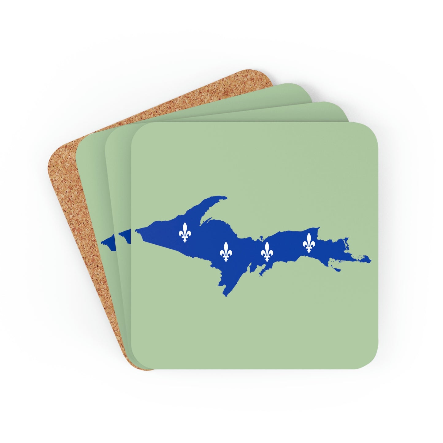 Michigan Upper Peninsula Coaster Set (Green Tea Color w/ UP Quebec Flag Outline) | Corkwood - 4 pack