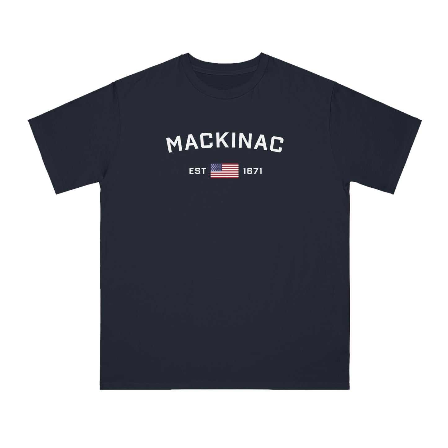 'Mackinac EST 1671' T-Shirt (w/ USA Flag | Organic Unisex