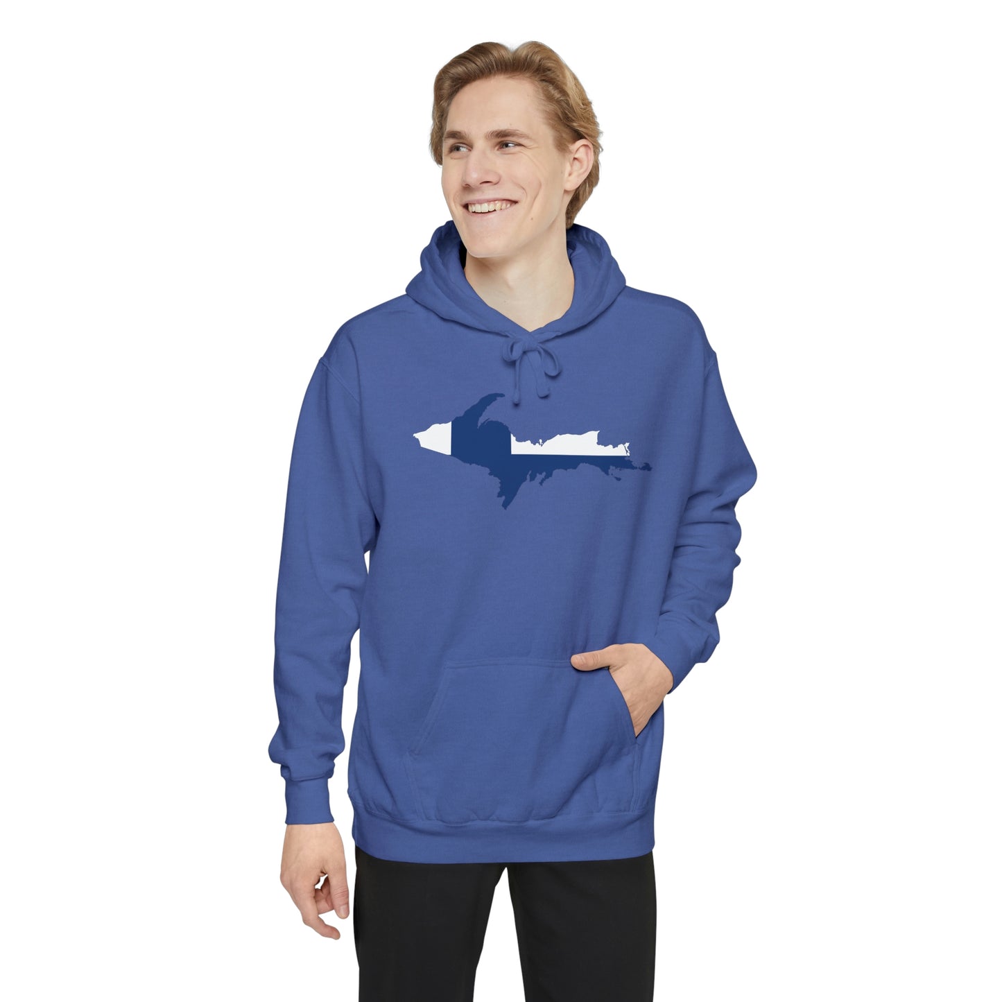 Michigan Upper Peninsula Hoodie (w/ UP Finland Flag Outline) | Unisex Garment-Dyed