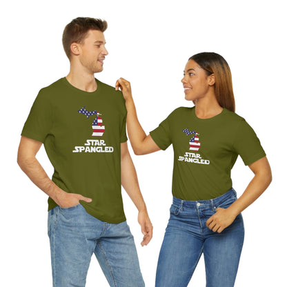 Michigan 'Star Spangled' T-Shirt (Epic Sci Fi Font w/ MI USA Flag Outline) | Unisex Standard Fit