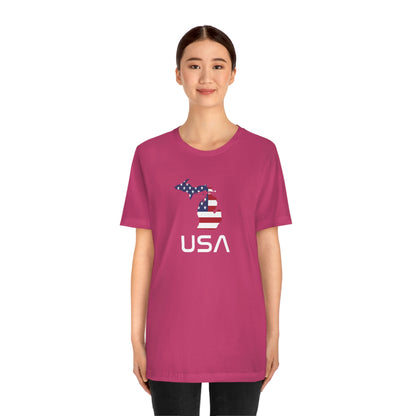 Michigan 'USA' T-Shirt (Space Agency Font w/ MI USA Flag Outline) | Unisex Standard Fit