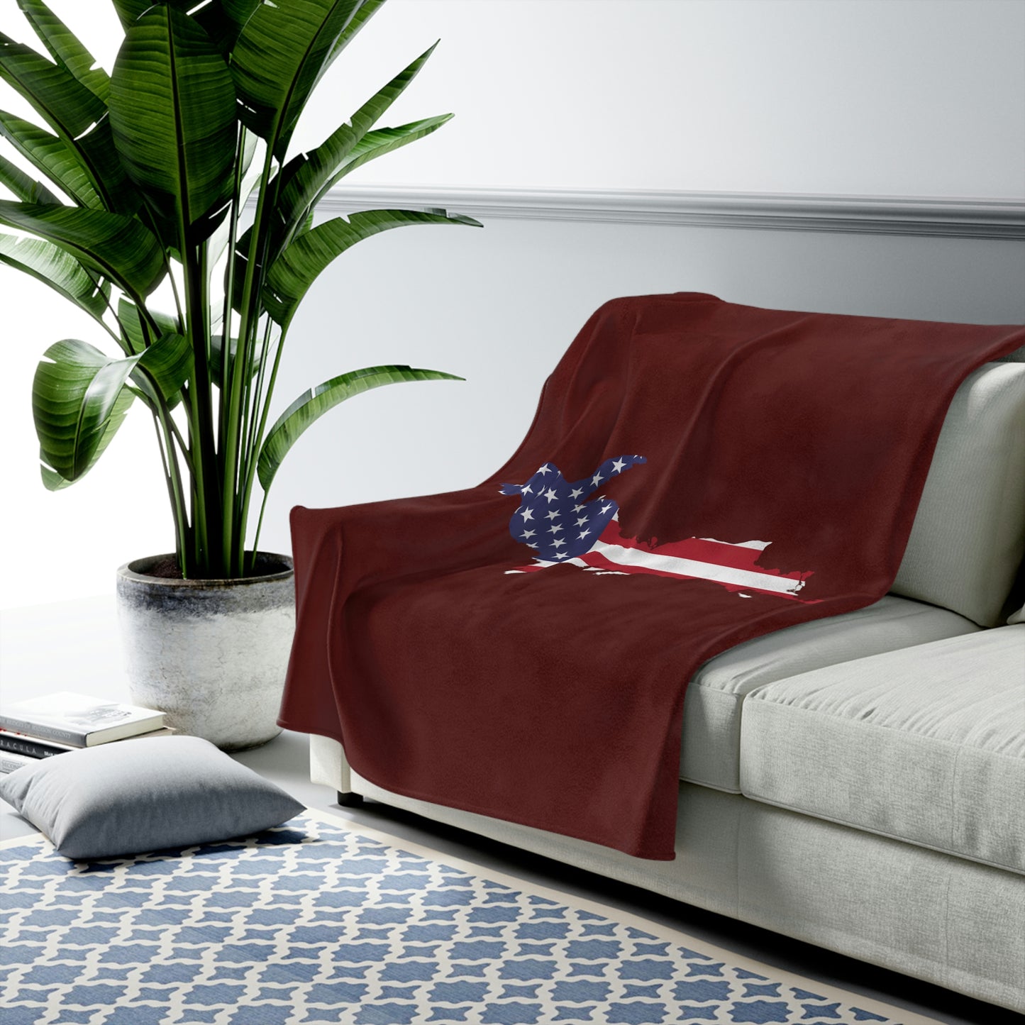 Michigan Upper Peninsula Plush Blanket (w/ UP USA Flag Outline) | Cherrywood Color