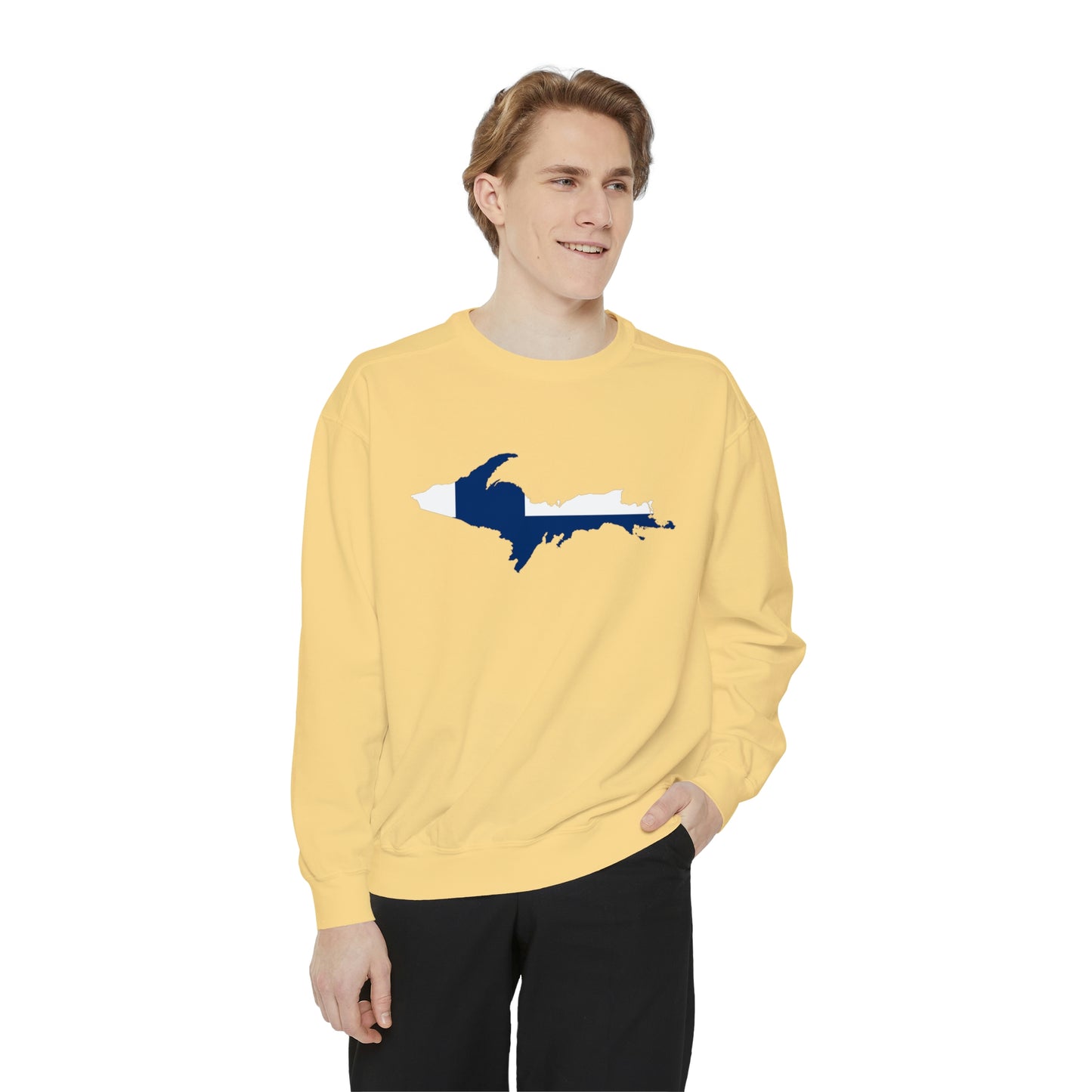 Michigan Upper Peninsula Sweatshirt (w/ UP Finland Flag Outline) | Unisex Garment Dyed