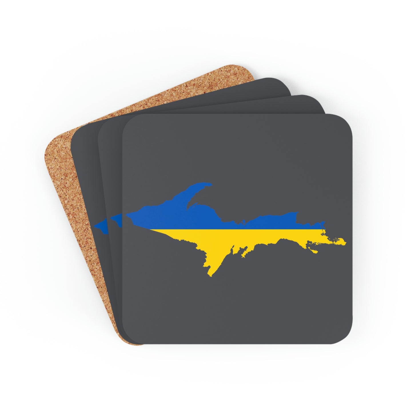 Michigan Upper Peninsula Coaster Set (Iron Ore Grey w/ UP Ukraine Flag Outline) | Corkwood - 4 pack