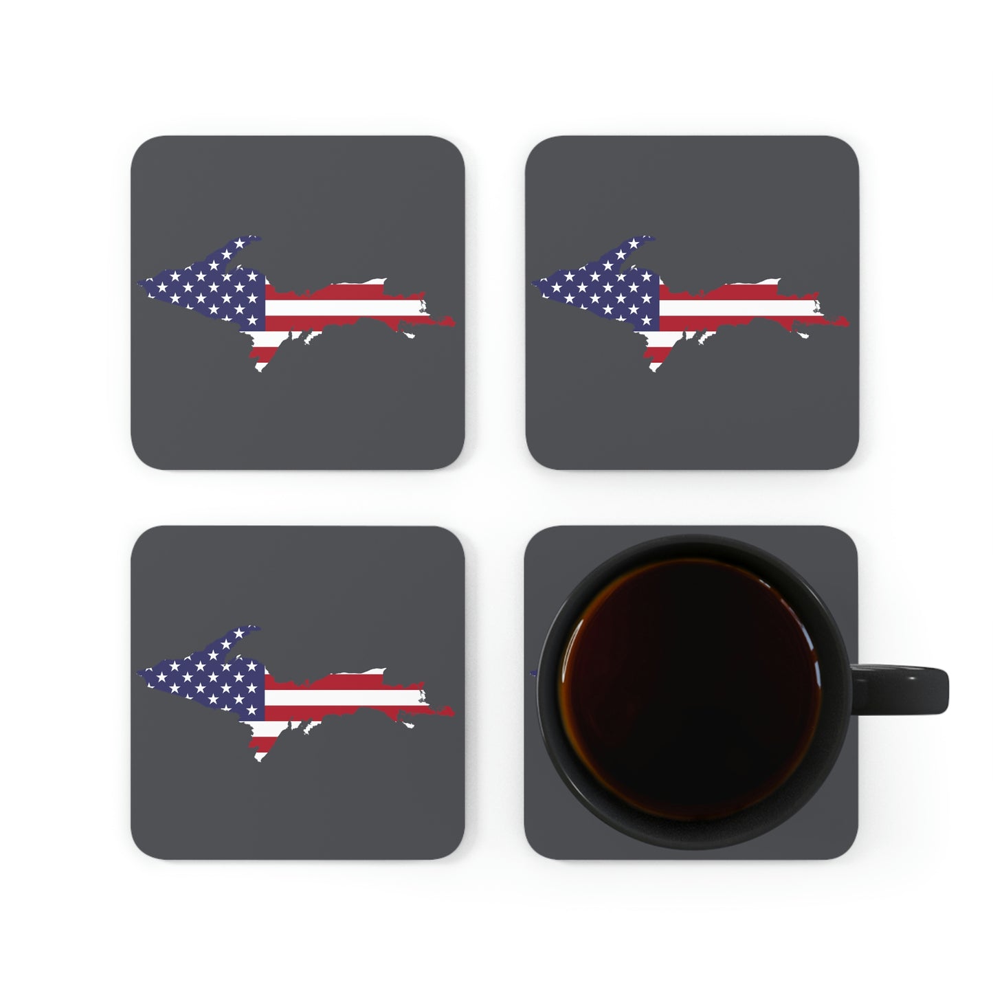 Michigan Upper Peninsula Coaster Set (Iron Ore Grey w/ UP USA Flag Outline) | Corkwood - 4 pack