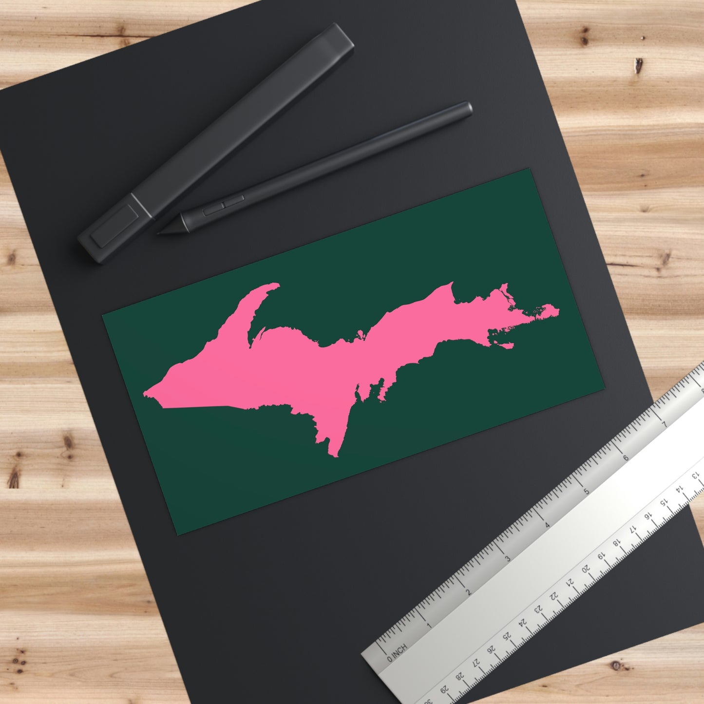 Michigan Upper Peninsula Bumper Sticker (w/ Pink UP Outline) | Green Background