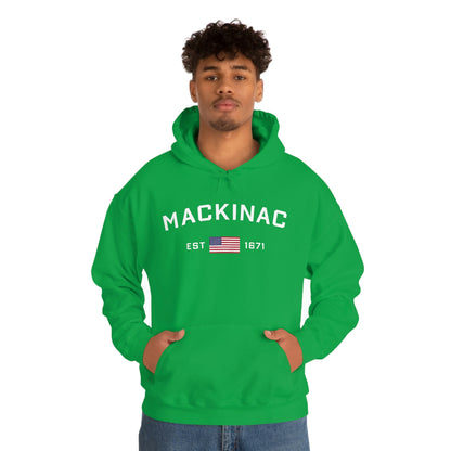 'Mackinac EST 1671' Hoodie (w/USA Flag Outline) | Unisex Standard