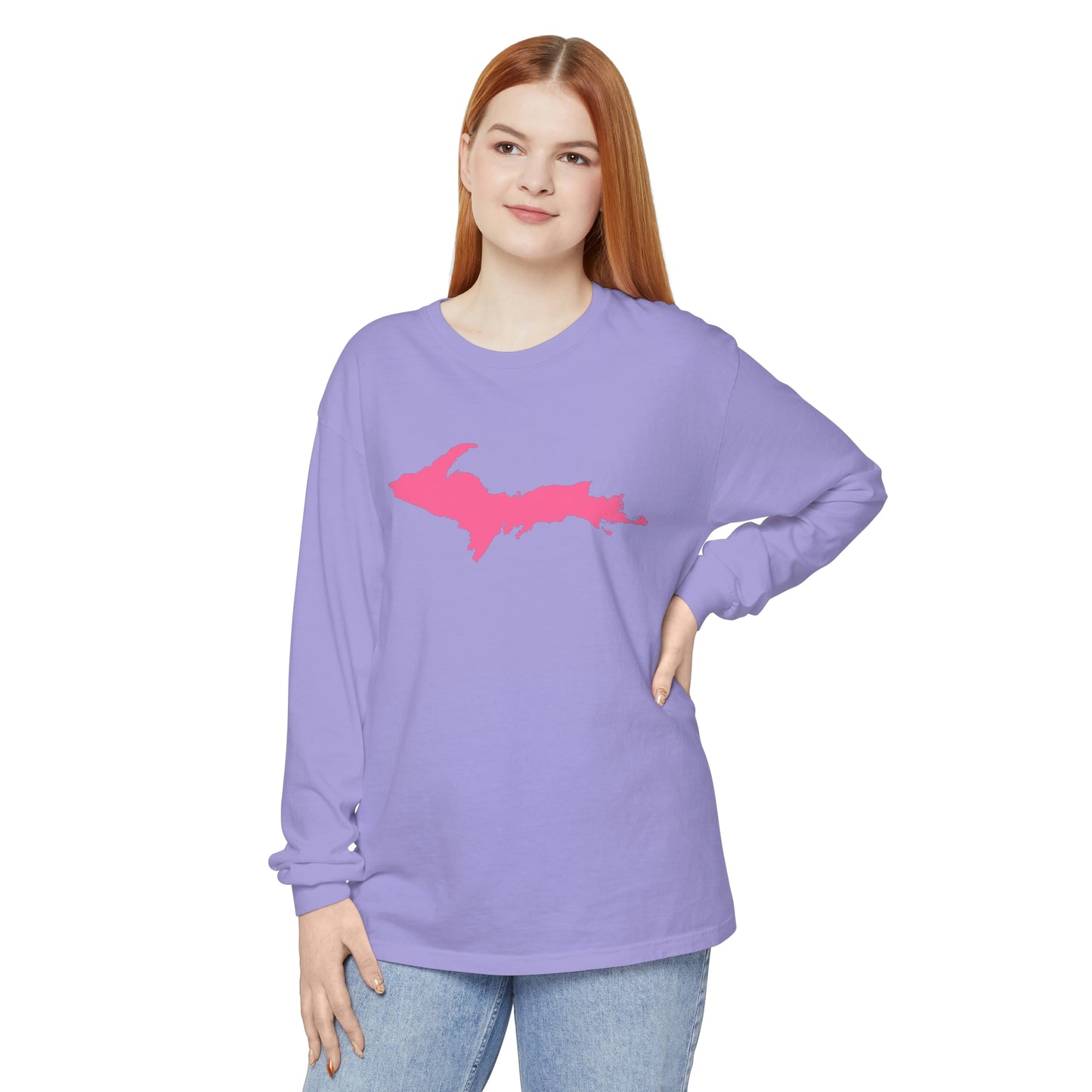 Michigan Upper Peninsula Garment-Dyed T-Shirt (w/ Pink UP Outline) | Unisex Long Sleeve