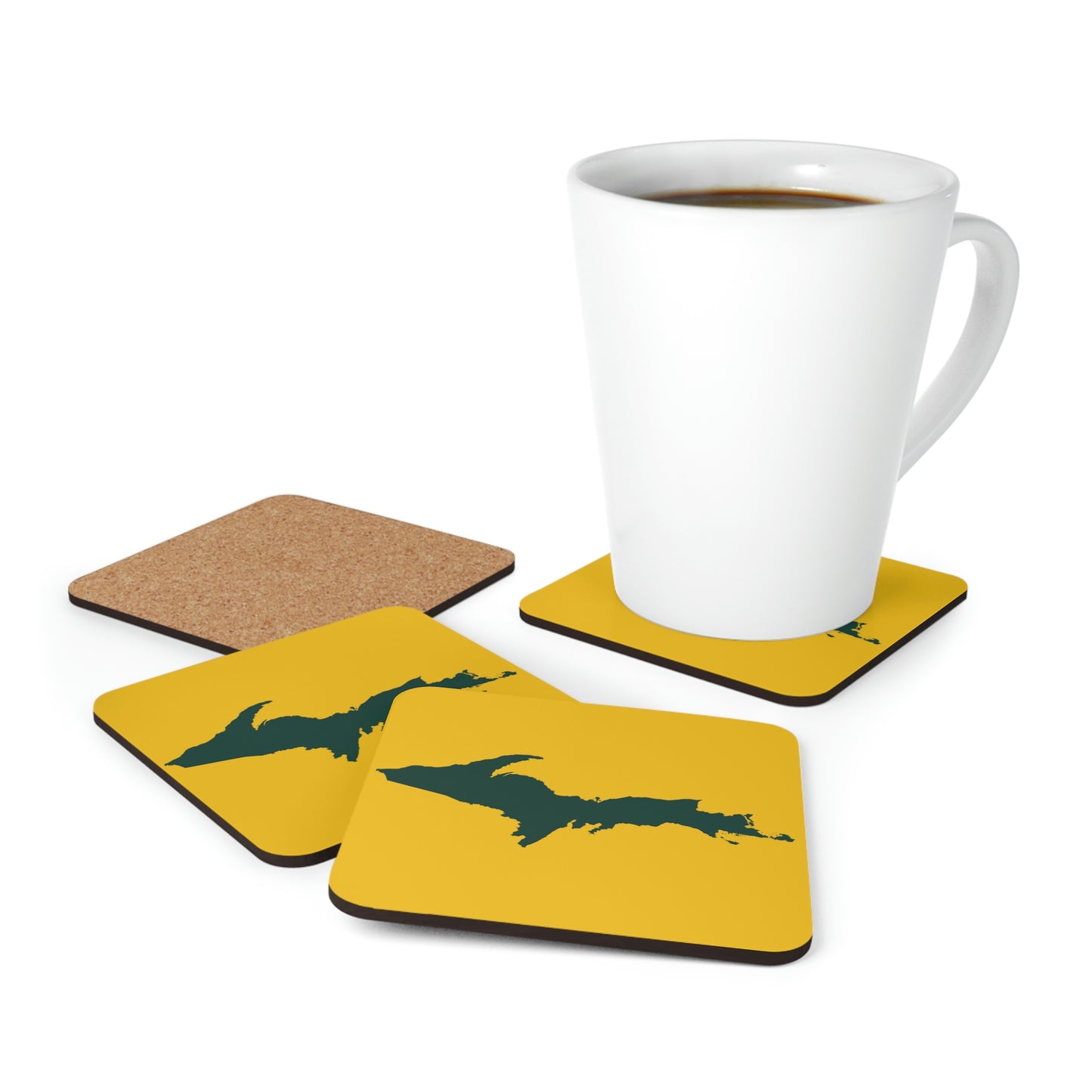 Michigan Upper Peninsula Coaster Set (Gold w/ Green UP Outline) | Corkwood - 4 pack