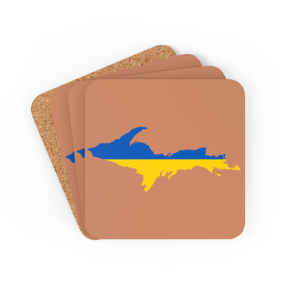 Michigan Upper Peninsula Coaster Set (Copper Color w/ UP Ukraine Flag Outline) | Corkwood - 4 pack