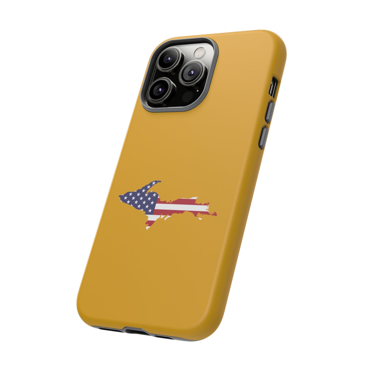 Michigan Upper Peninsula Tough Phone Case (Gold w/ UP USA Flag Outline) | Apple iPhone