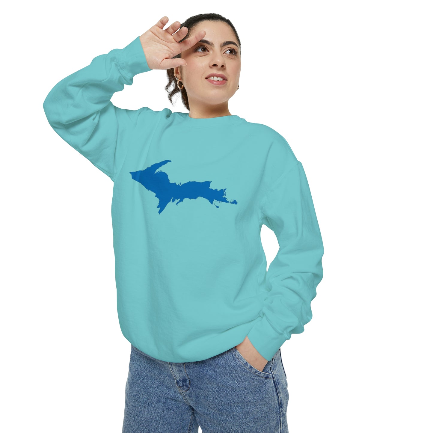 Michigan Upper Peninsula Sweatshirt (w/ Azure UP Outline) | Unisex Garment Dyed