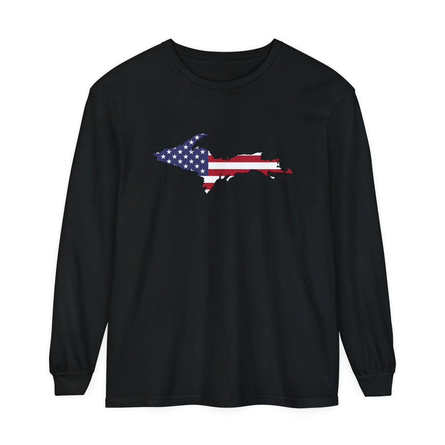 Michigan Upper Peninsula Garment-Dyed T-Shirt (w/ UP USA Flag Outline) | Unisex Long Sleeve