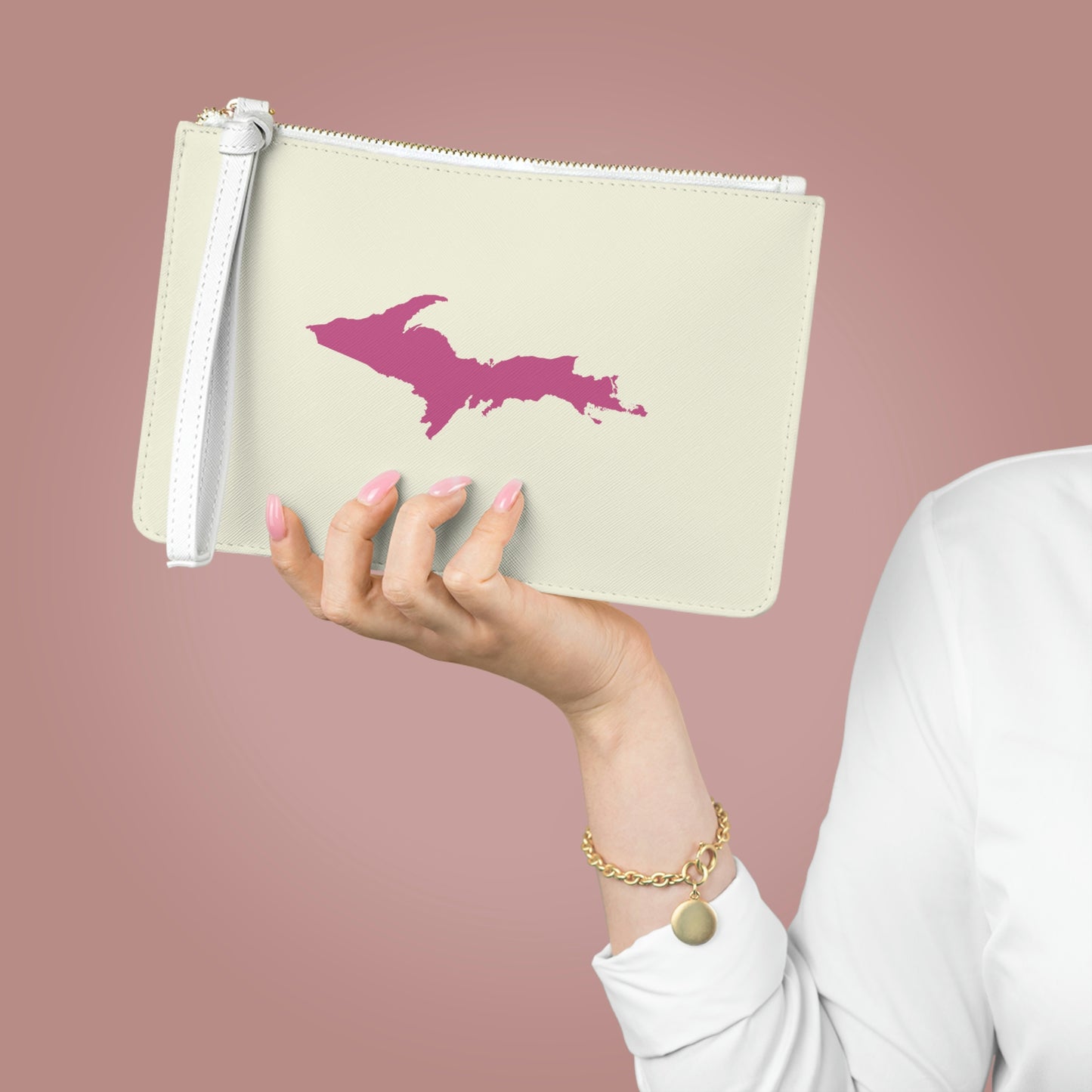 Michigan Upper Peninsula Clutch Bag (Ivory Color w/ Apple blossom Pink UP Outline)