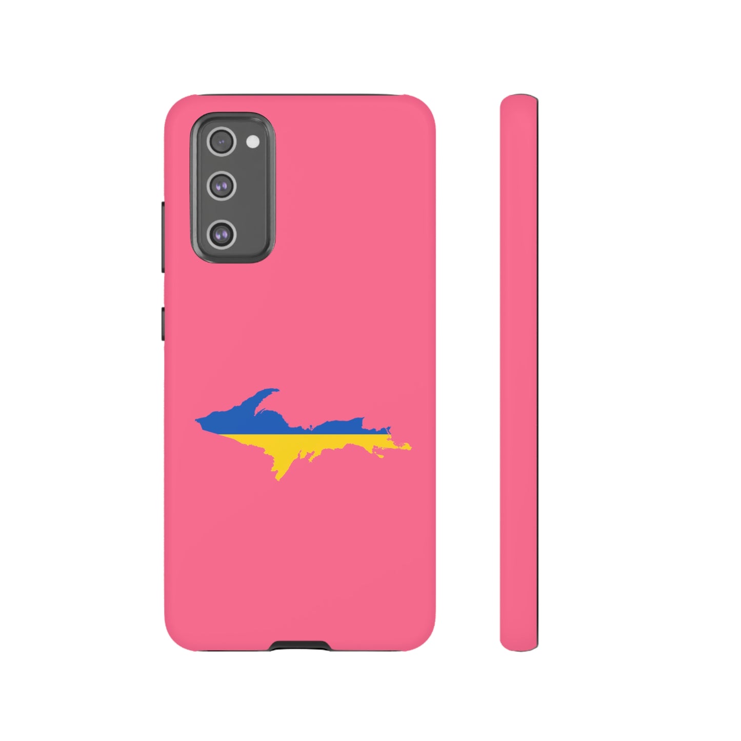 Michigan Upper Peninsula Tough Phone Case (Rhodochrosite Pink w/ UP Ukraine Flag Outline) | Samsung & Pixel Android