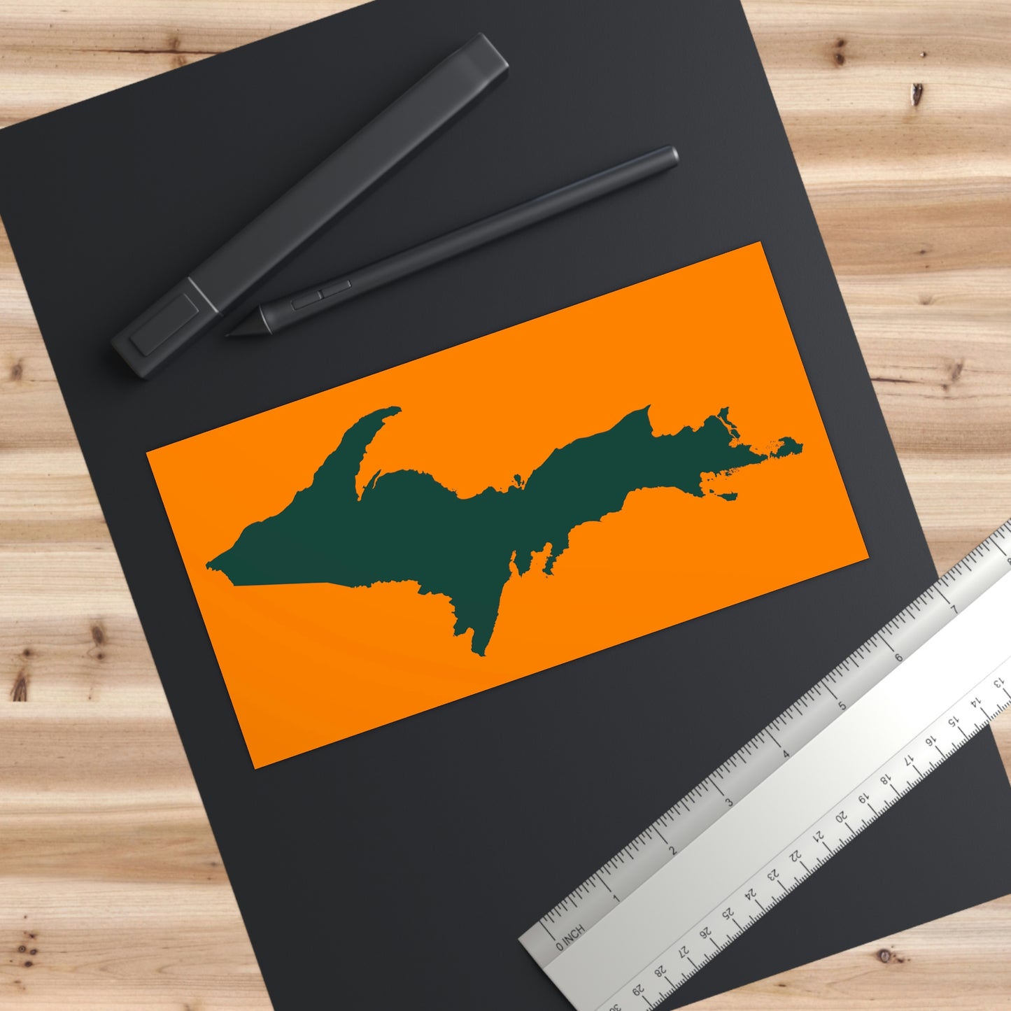 Michigan Upper Peninsula Bumper Sticker (w/ Green UP Outline) | Orange Background