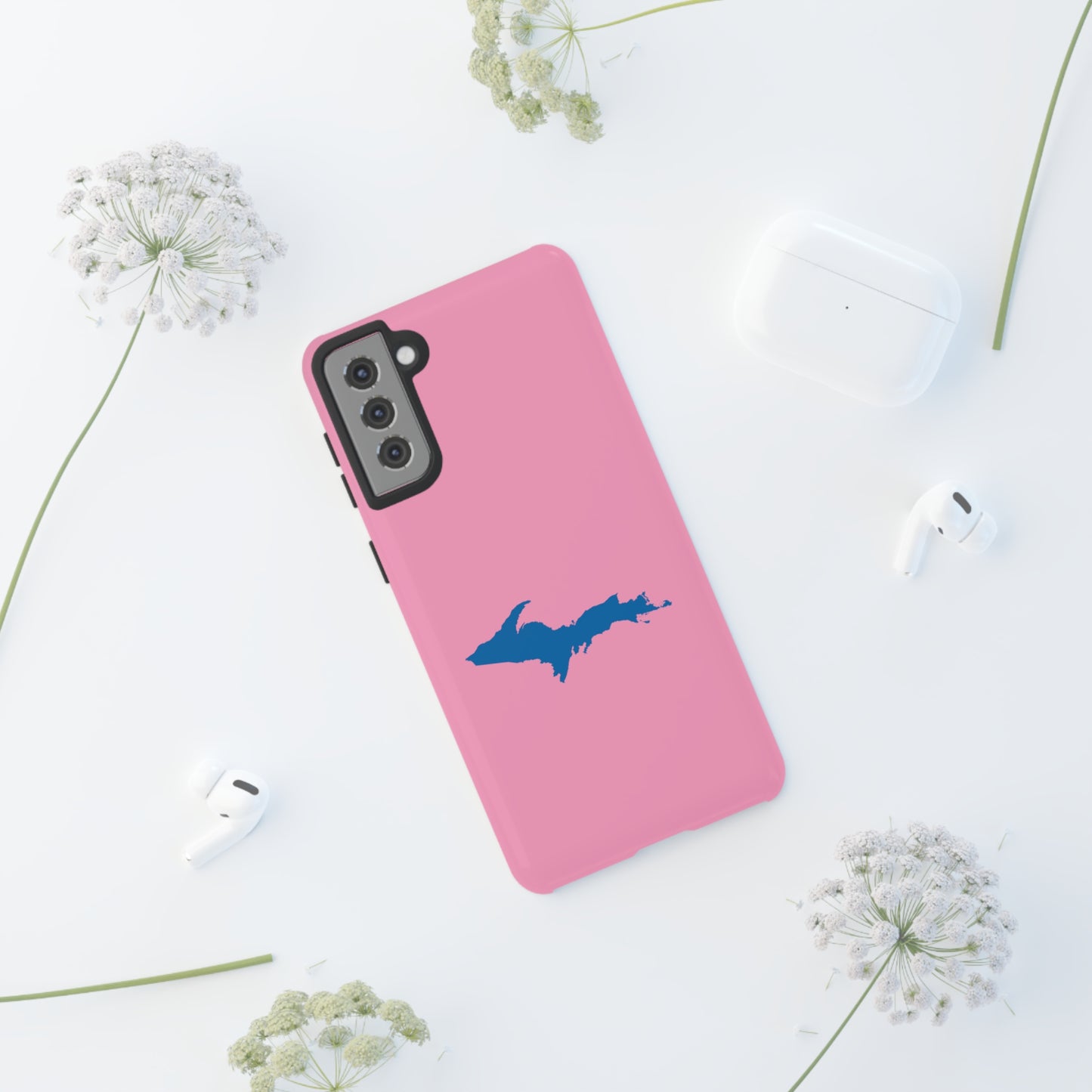 Michigan Upper Peninsula Tough Phone Case ('67 Caddie Pink w/ Azure UP Outline) | Samsung & Pixel Android