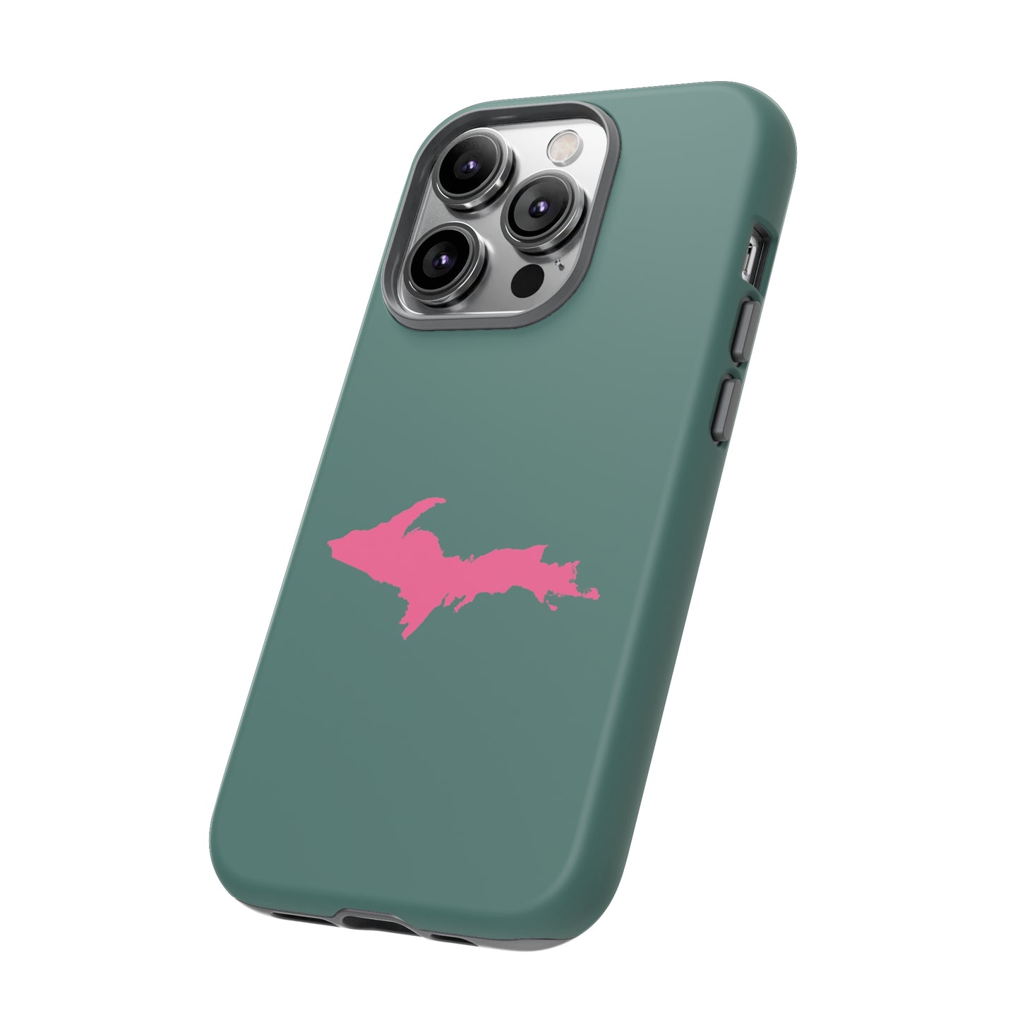 Michigan Upper Peninsula Tough Phone Case (Copper Green w/ Pink UP Outline) | Apple iPhone