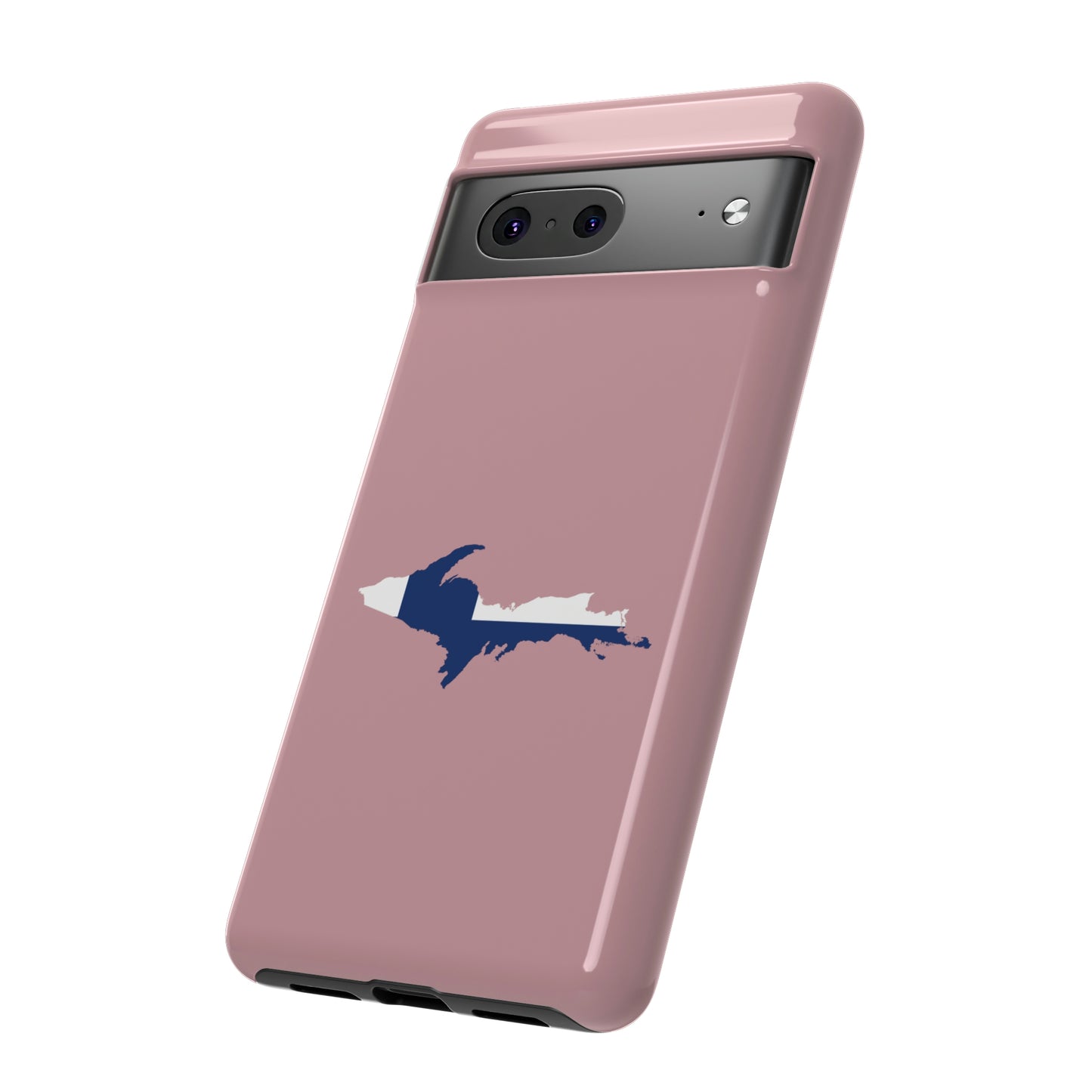 Michigan Upper Peninsula Tough Phone Case (Cherry Blossom Pink w/ UP Finland Flag Outline) | Samsung & Pixel Android