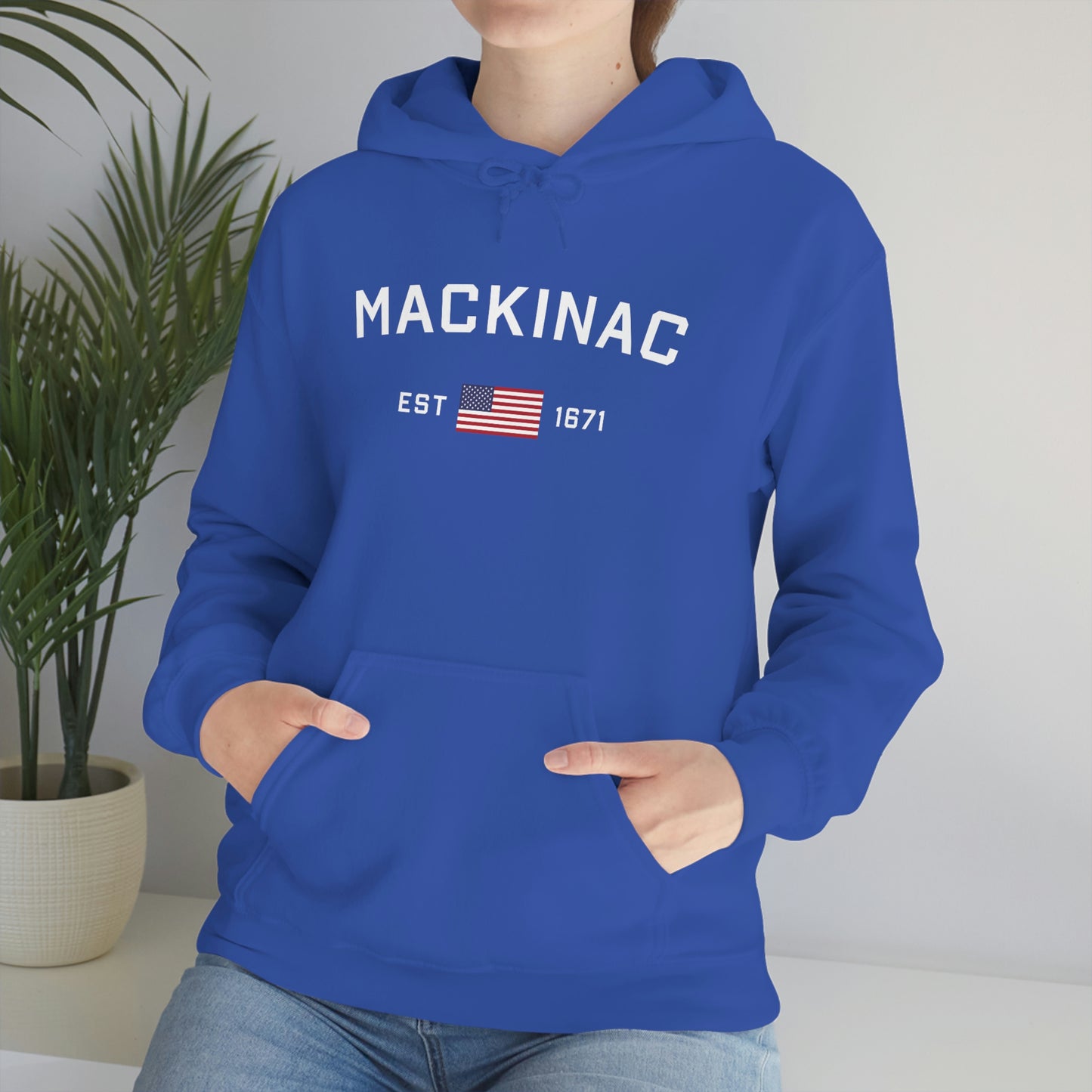 'Mackinac EST 1671' Hoodie (w/USA Flag Outline) | Unisex Standard