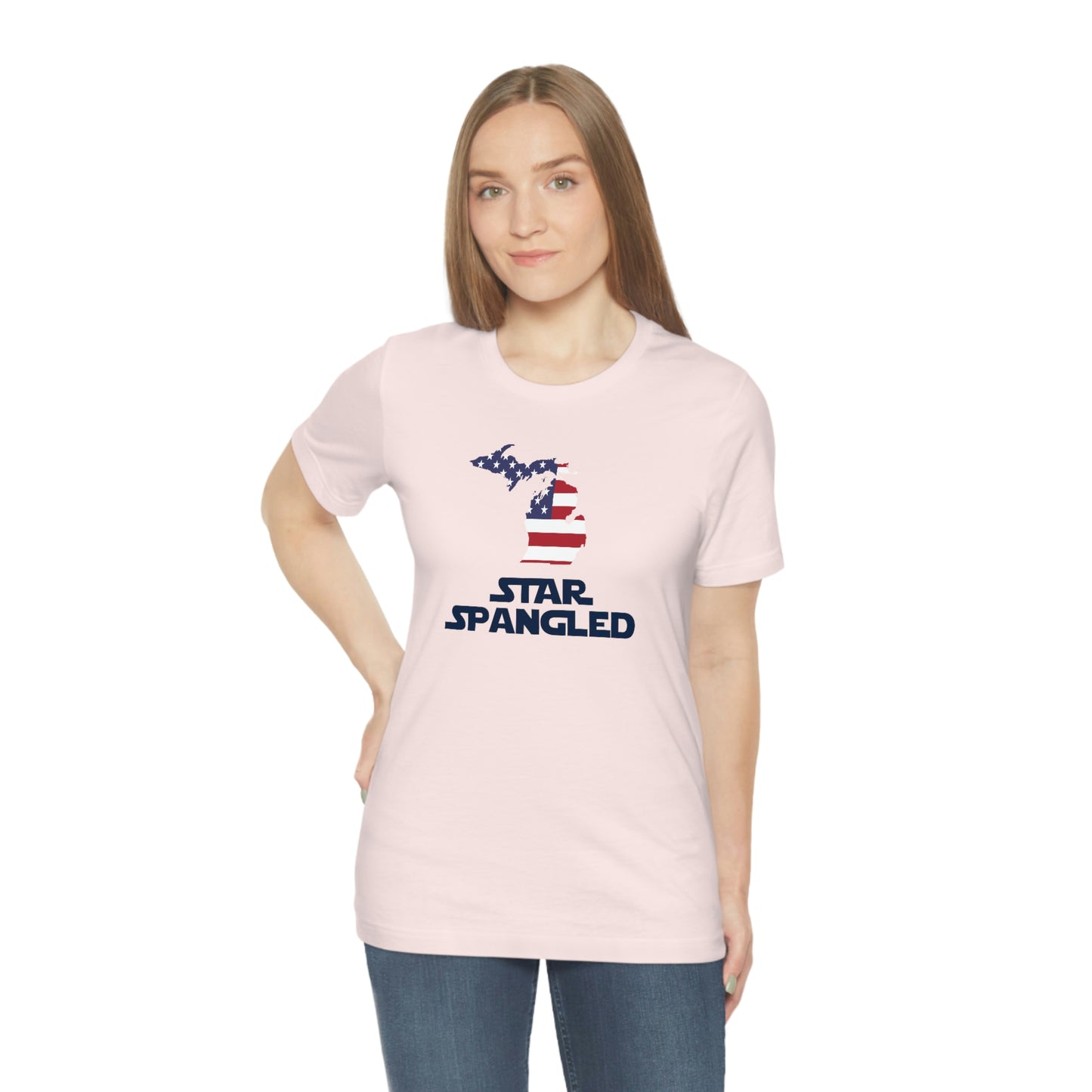 Michigan 'Star Spangled' T-Shirt (Epic Sci Fi Font w/ MI USA Flag Outline) | Unisex Standard Fit