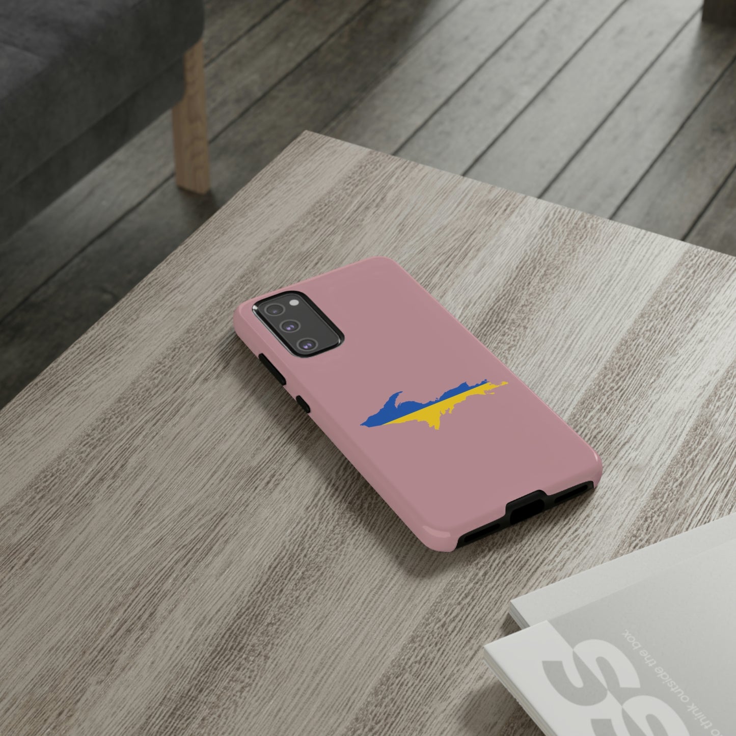 Michigan Upper Peninsula Tough Phone Case (Cherry Blossom Pink w/ UP Ukraine Flag Outline) | Samsung & Pixel Android