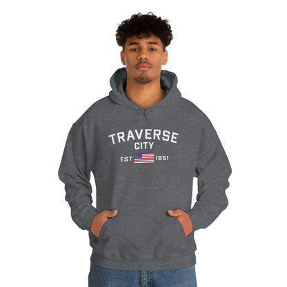 'Traverse City EST 1851' Hoodie (w/USA Flag Outline) | Unisex Standard