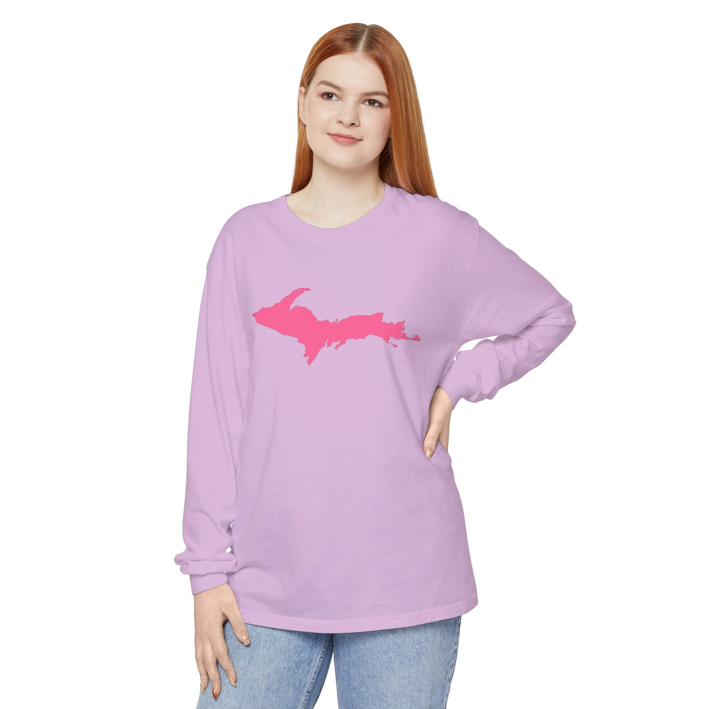 Michigan Upper Peninsula Garment-Dyed T-Shirt (w/ Pink UP Outline) | Unisex Long Sleeve