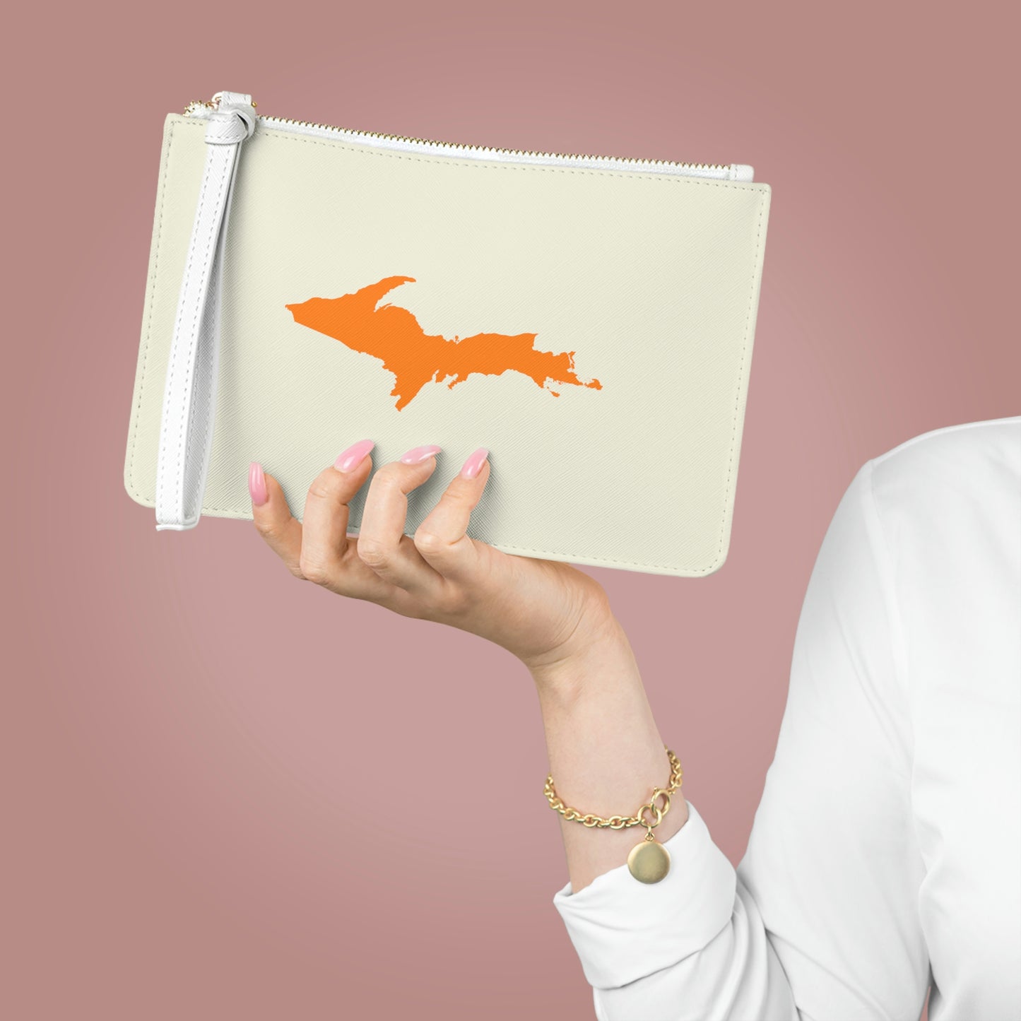 Michigan Upper Peninsula Clutch Bag (Ivory White w/ Orange UP Outline)