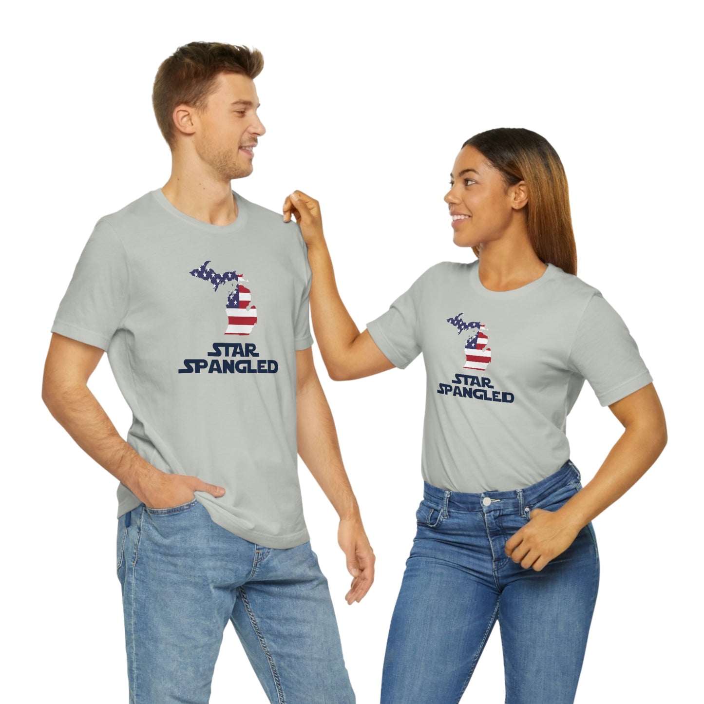 Michigan 'Star Spangled' T-Shirt (Epic Sci Fi Font w/ MI USA Flag Outline) | Unisex Standard Fit