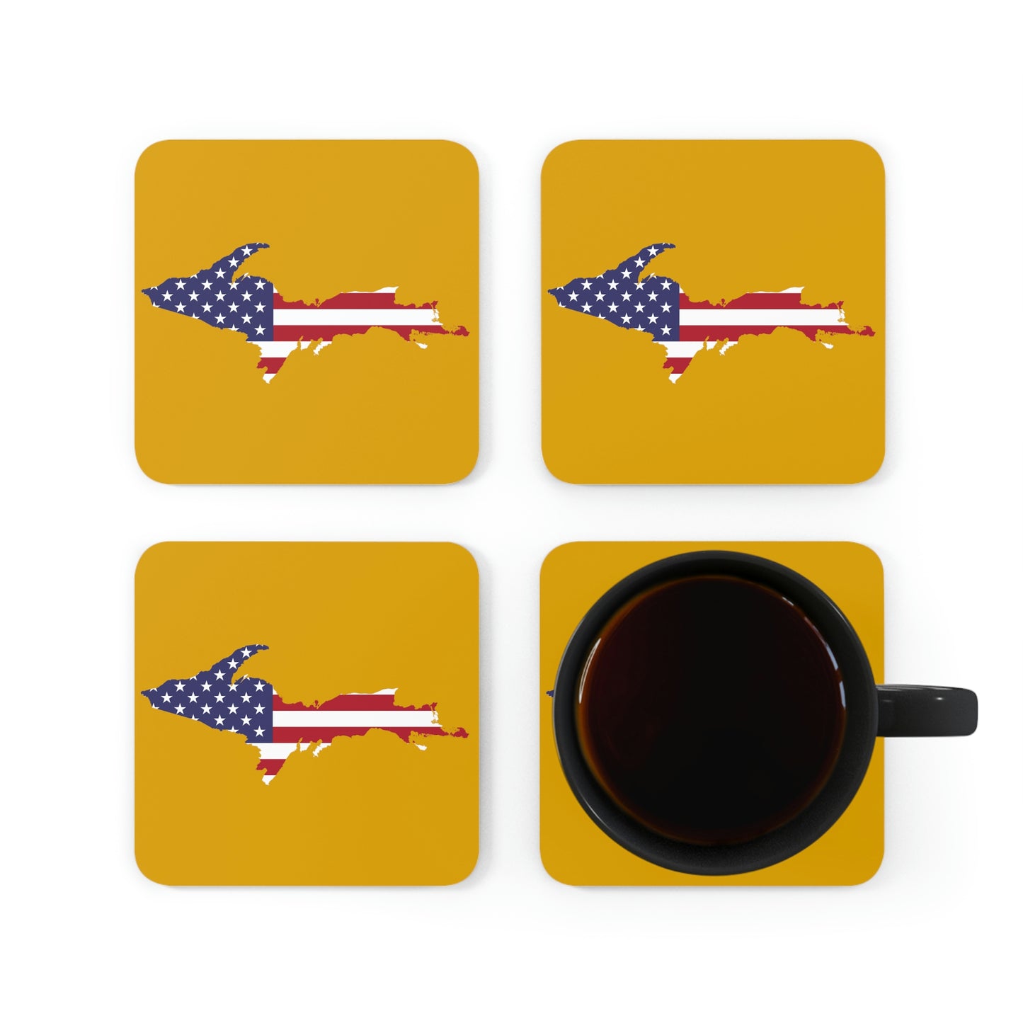 Michigan Upper Peninsula Coaster Set (Gold Color w/ UP USA Flag Outline) | Corkwood - 4 pack