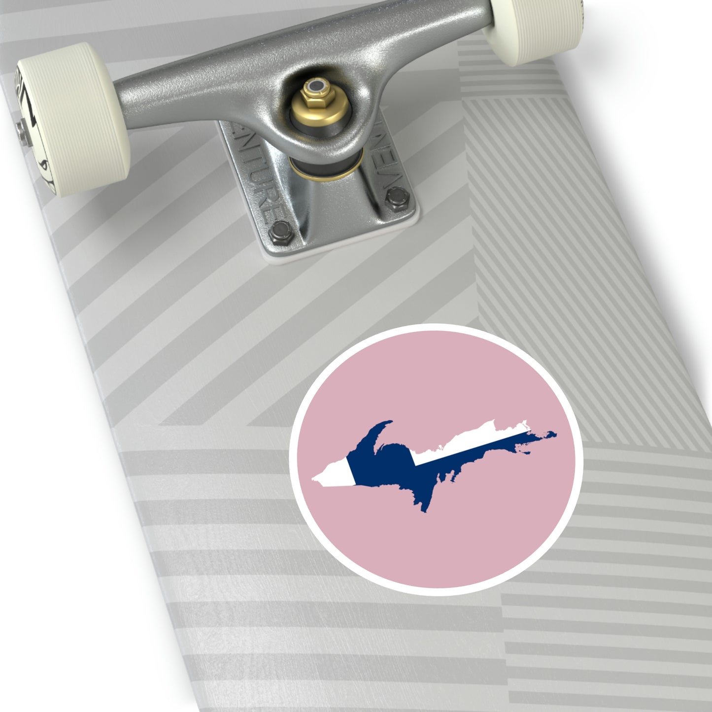 Michigan Upper Peninsula Round Stickers (Pink w/ UP Finland Flag Outline) | Indoor\Outdoor