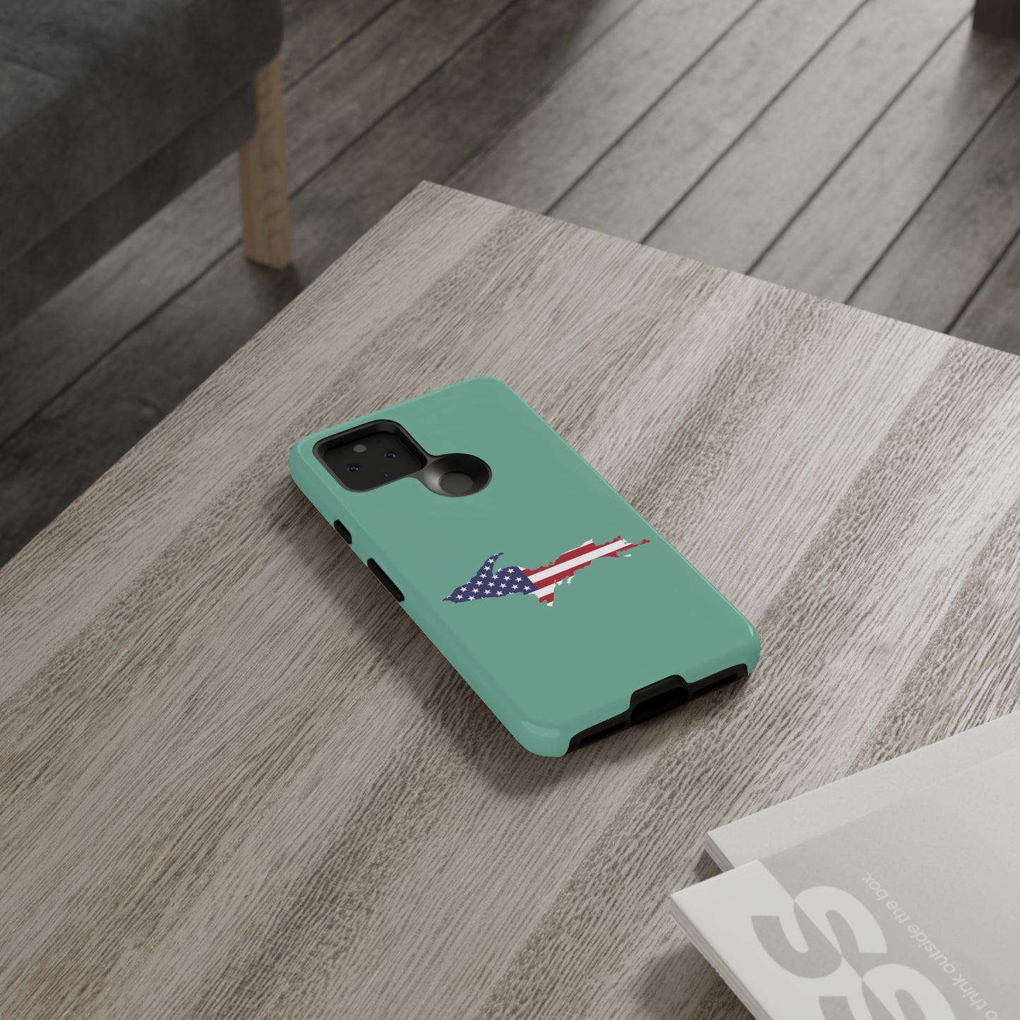 Michigan Upper Peninsula Tough Phone Case ('64 Metallic Mint Green w/ UP USA Flag Outline) | Samsung & Pixel Android