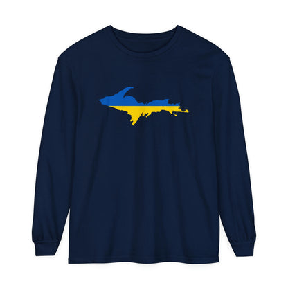 Michigan Upper Peninsula Garment-Dyed T-Shirt (w/ UP Ukraine Flag Outline) | Unisex Long Sleeve