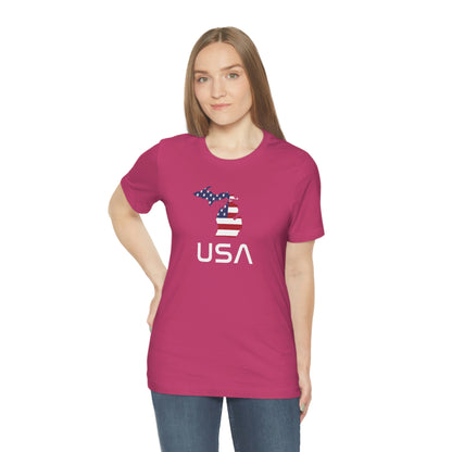 Michigan 'USA' T-Shirt (Space Agency Font w/ MI USA Flag Outline) | Unisex Standard Fit