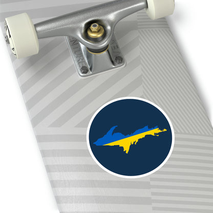 Michigan Upper Peninsula Round Stickers (Navy w/ UP Ukraine Flag Outline) | Indoor\Outdoor