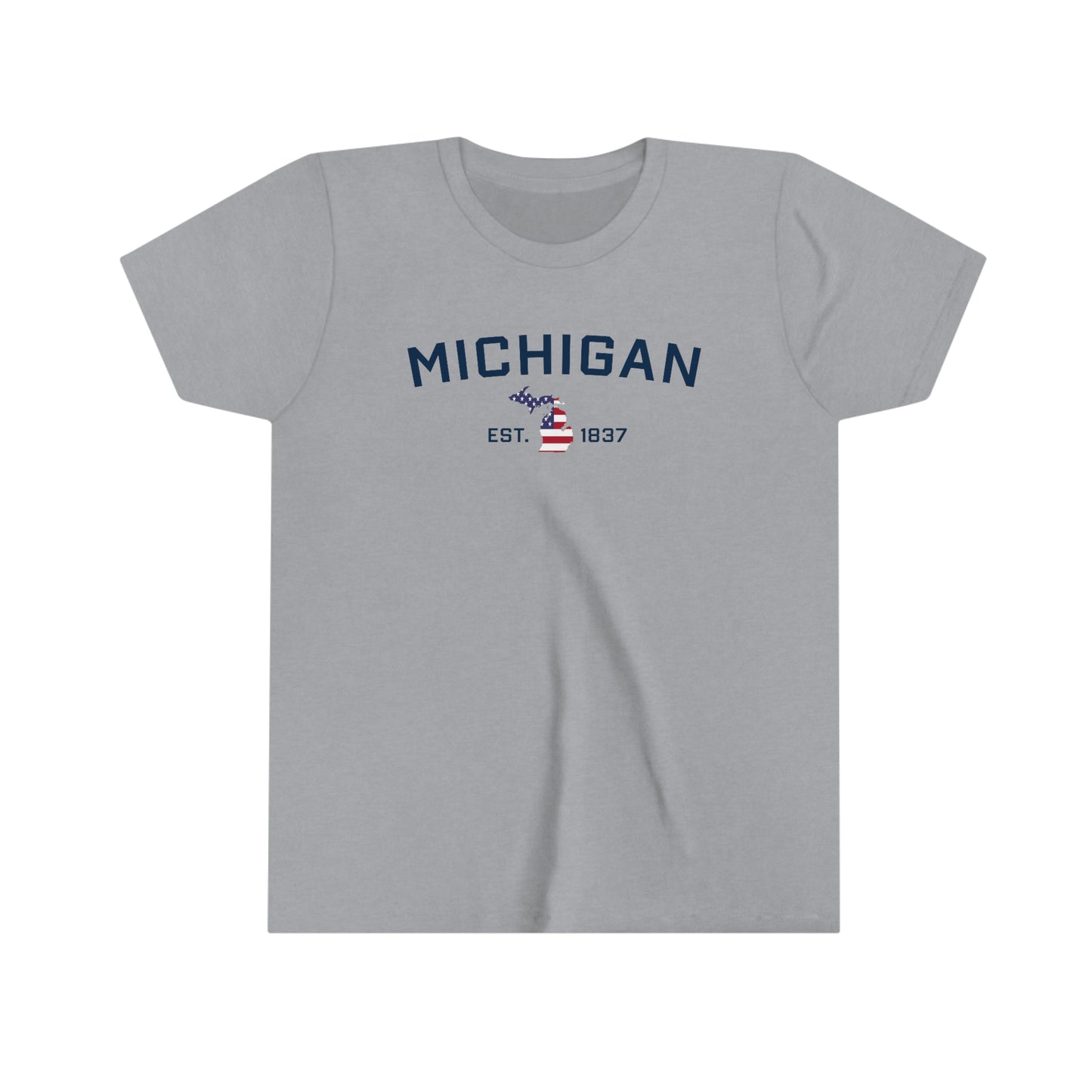 'Michigan EST 1837' T-Shirt (w/ MI USA Flag Outline) | Youth Short Sleeve