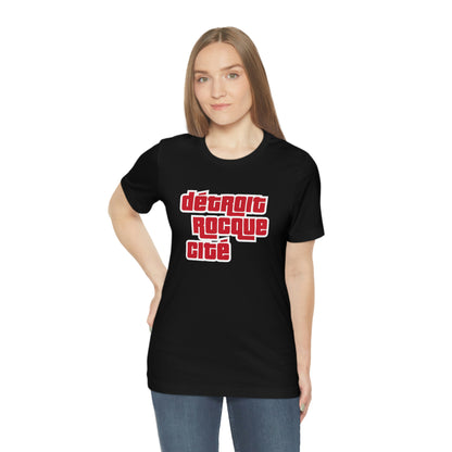 'Détroit Rocque Cité' T-Shirt (Red/White Automotive Crime Parody) | Unisex Standard Fit