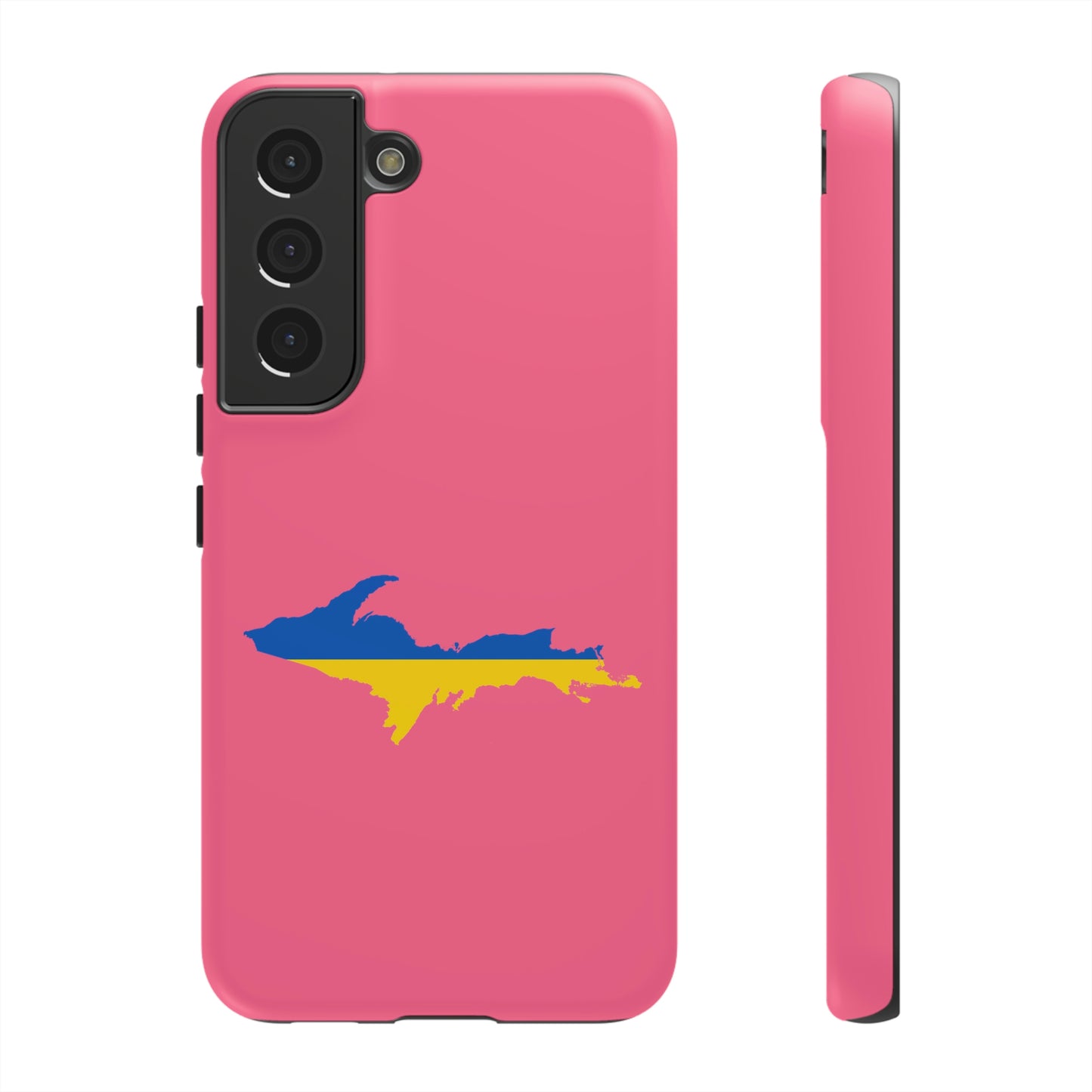 Michigan Upper Peninsula Tough Phone Case (Rhodochrosite Pink w/ UP Ukraine Flag Outline) | Samsung & Pixel Android