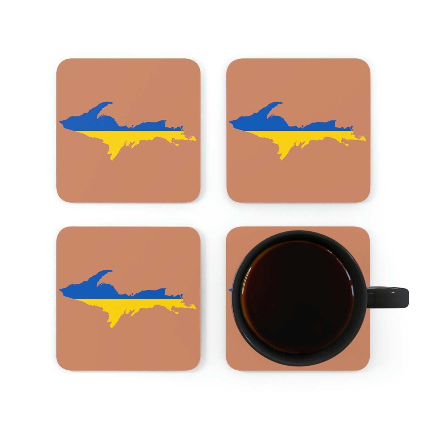 Michigan Upper Peninsula Coaster Set (Copper Color w/ UP Ukraine Flag Outline) | Corkwood - 4 pack