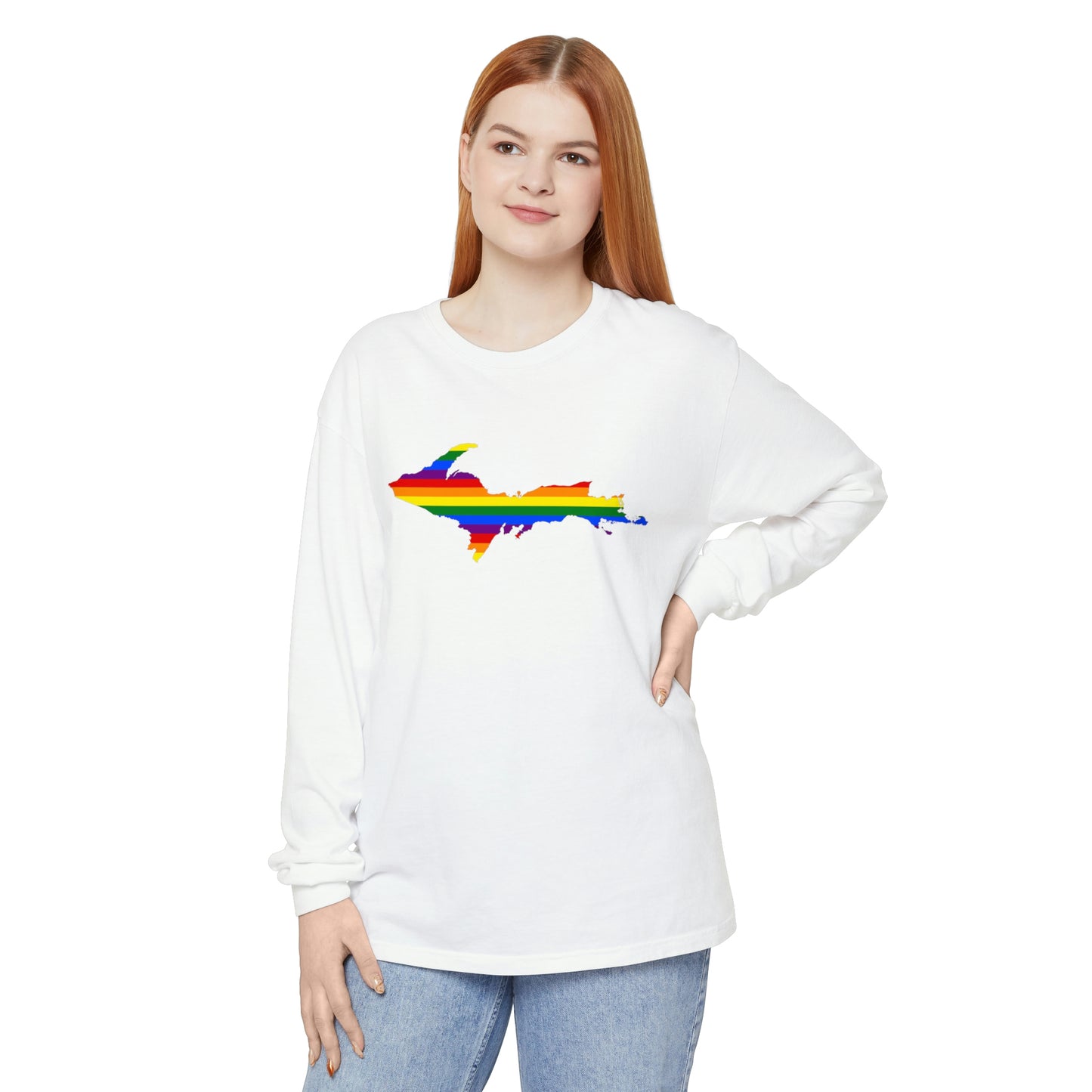 Michigan Upper Peninsula Garment-Dyed T-Shirt (w/ UP Pride Flag Outline) | Unisex Long Sleeve