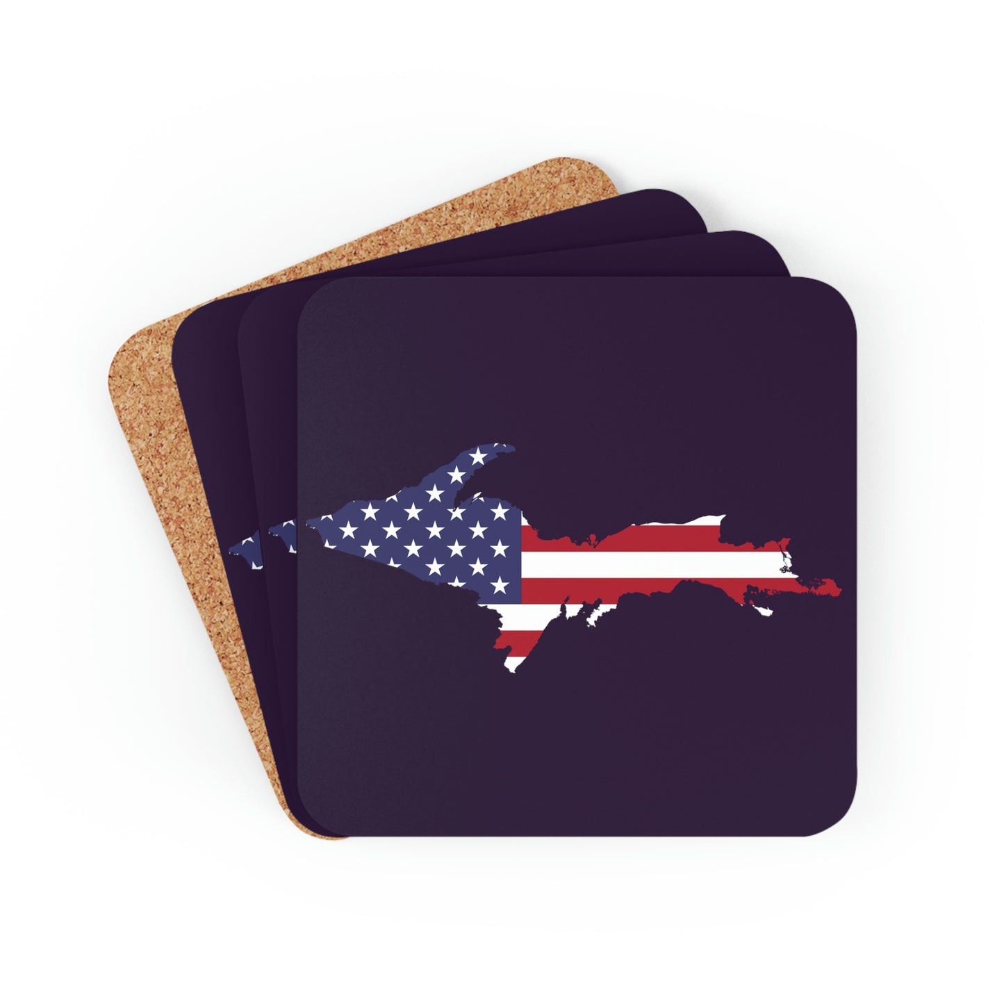 Michigan Upper Peninsula Coaster Set (Blackcurrant w/ UP USA Flag Outline) | Corkwood - 4 pack