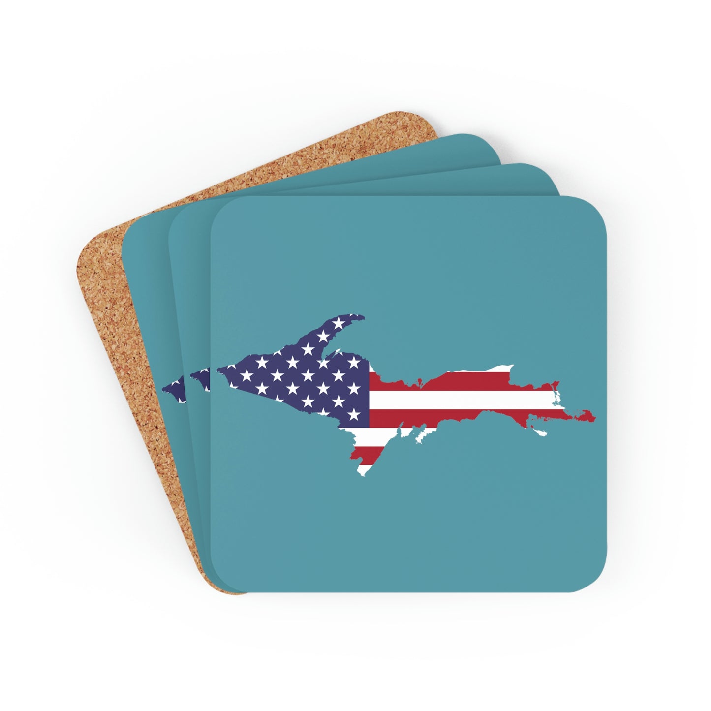 Michigan Upper Peninsula Coaster Set (Huron Blue w/ UP USA Flag Outline) | Corkwood - 4 pack