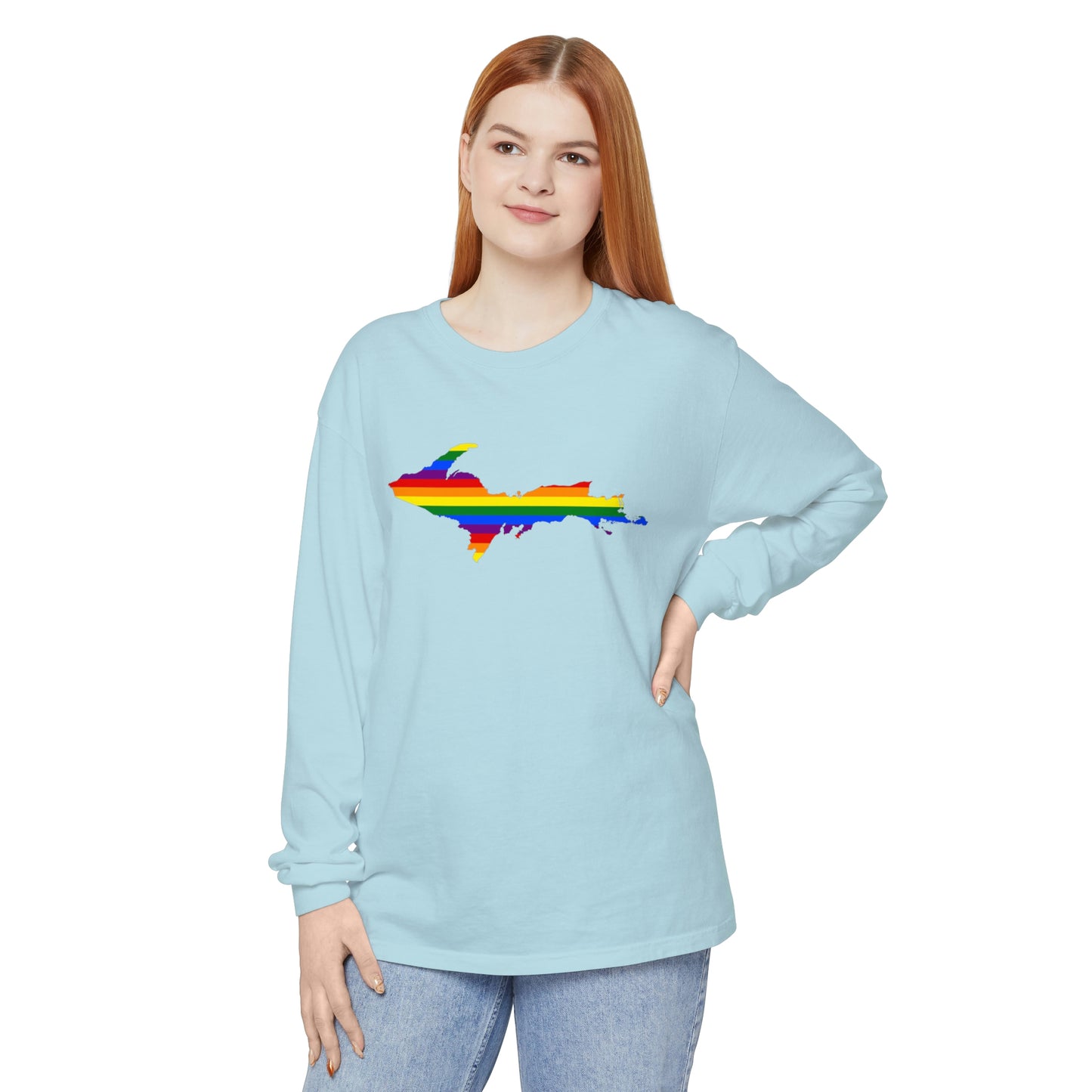 Michigan Upper Peninsula Garment-Dyed T-Shirt (w/ UP Pride Flag Outline) | Unisex Long Sleeve