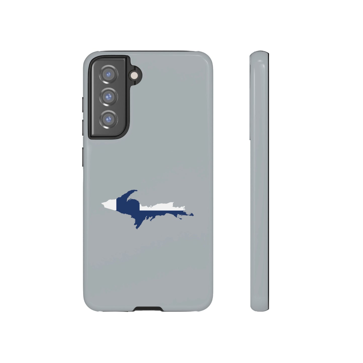 Michigan Upper Peninsula Tough Phone Case (Silver w/ UP Finland Flag Outline) | Samsung & Pixel Android