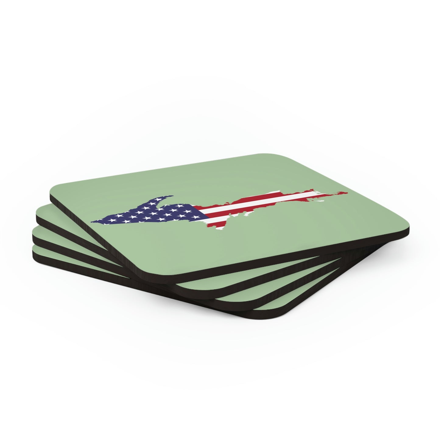 Michigan Upper Peninsula Coaster Set (Green Tea Color Color w/ UP USA Flag Outline) | Corkwood - 4 pack