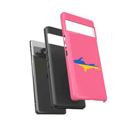 Michigan Upper Peninsula Tough Phone Case (Rhodochrosite Pink w/ UP Ukraine Flag Outline) | Samsung & Pixel Android